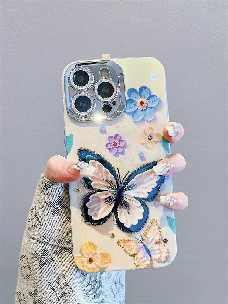 Luxury Oil Painting Butterfly iPhone Case with Pearl Bracelet