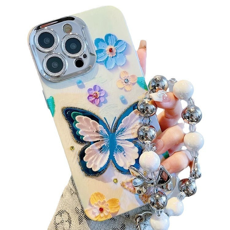 Luxury Oil Painting Butterfly iPhone Case with Pearl Bracelet