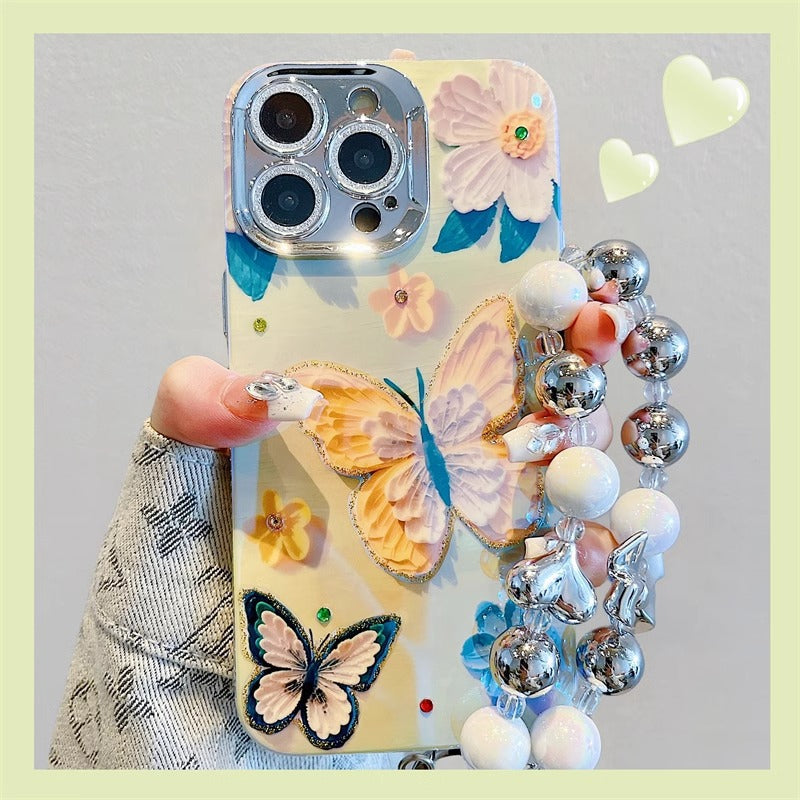 Luxury Oil Painting Butterfly iPhone Case with Pearl Bracelet