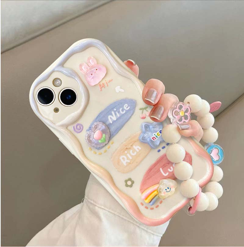Luxury Cute Cartoon Rich iPhone Case with Pearl Bracelet