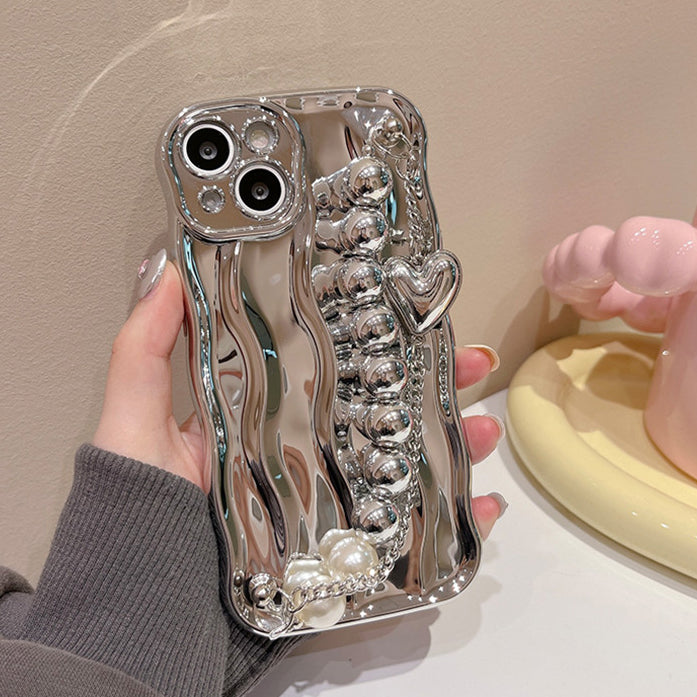 Luxury Wave Frame Glossy Silver iPhone Case with Pearl Bracelet