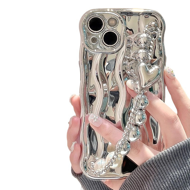 Luxury Wave Frame Glossy Silver iPhone Case with Pearl Bracelet