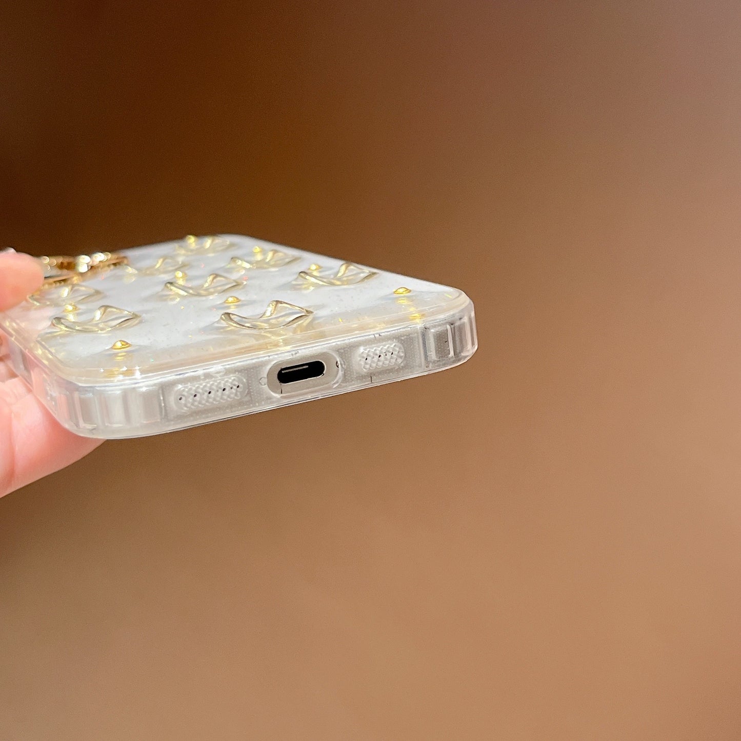Luxury Glitter Gold 3D Love Transparent iPhone Case with Charm