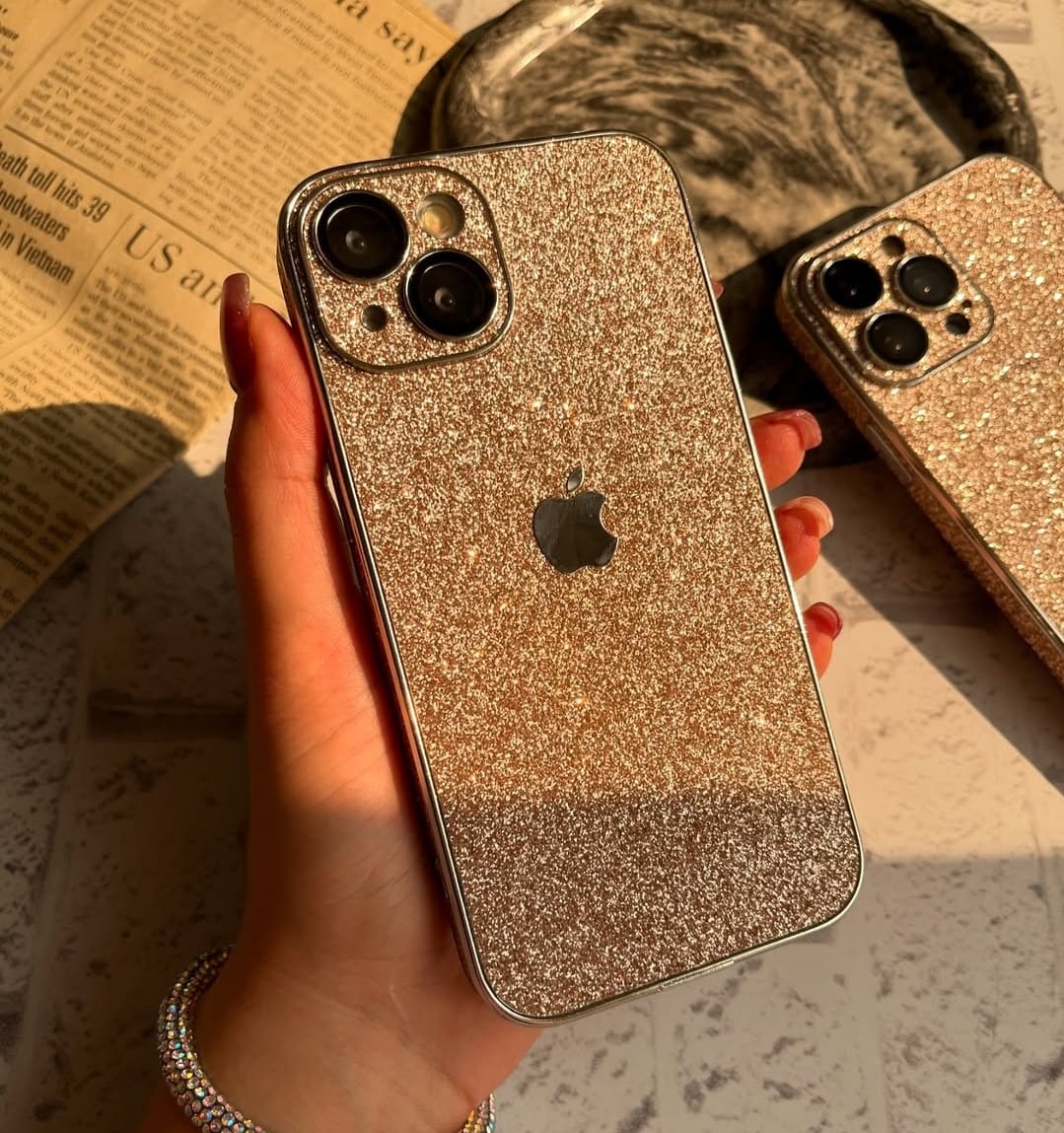 Luxury Glitter Gold iPhone Case with Apple Logo