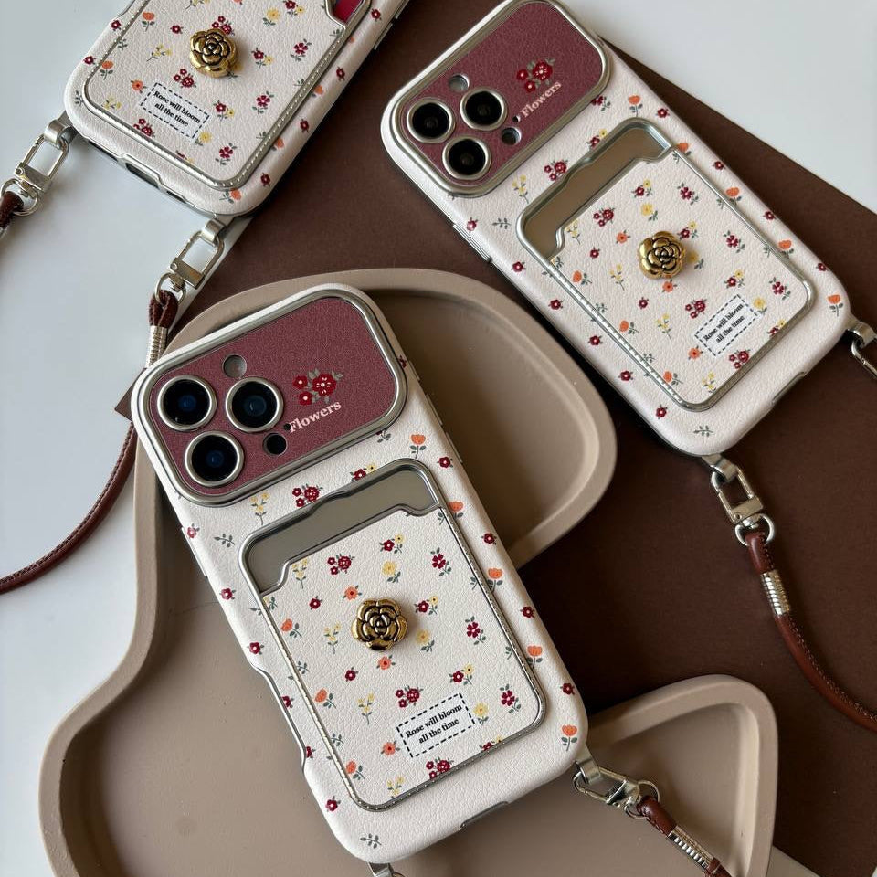 Luxury Vintage Autumn Flower iPhone Case with Strap Wrist Lanyard