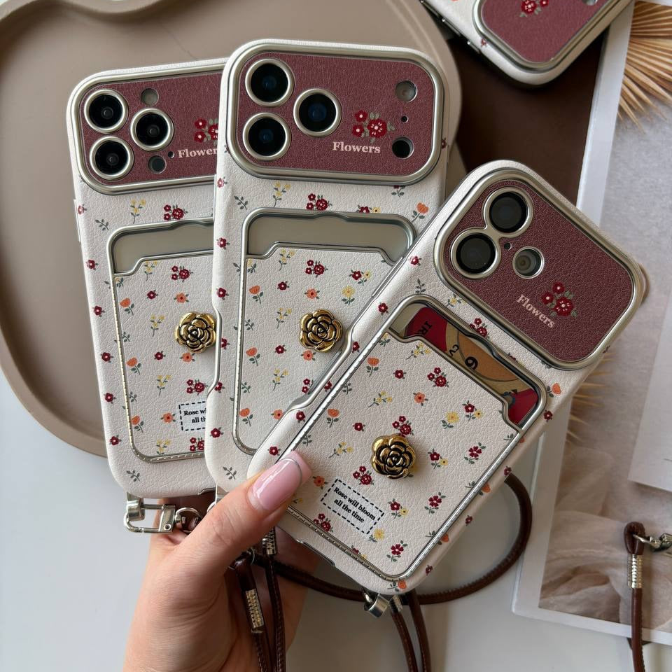 Luxury Vintage Autumn Flower iPhone Case with Strap Wrist Lanyard