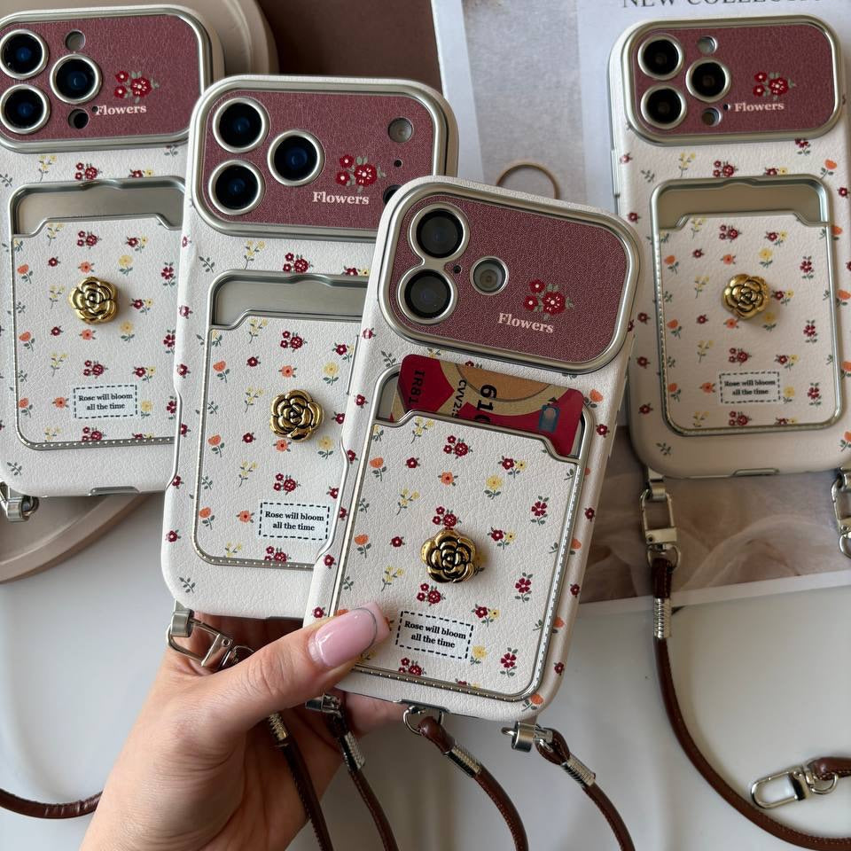 Luxury Vintage Autumn Flower iPhone Case with Strap Wrist Lanyard