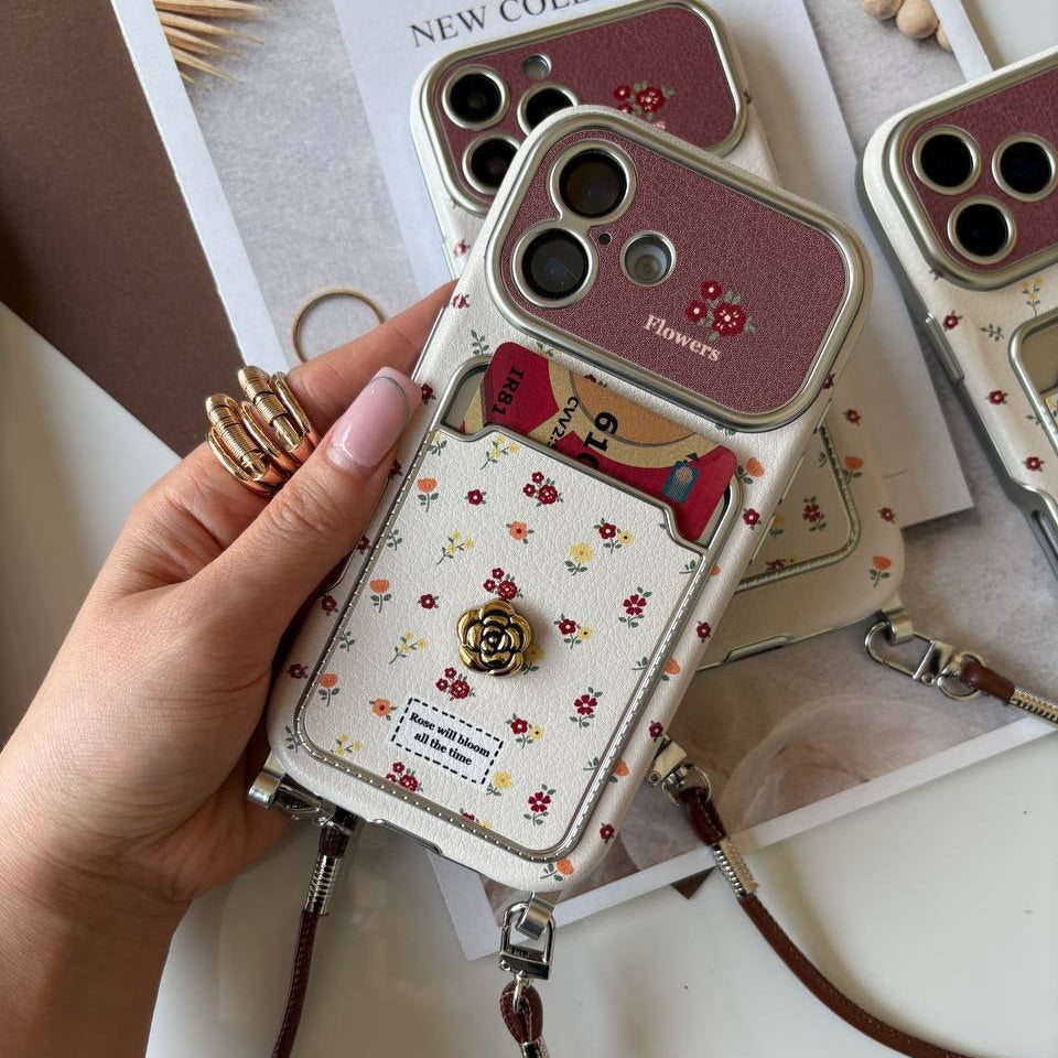 Luxury Vintage Autumn Flower iPhone Case with Strap Wrist Lanyard