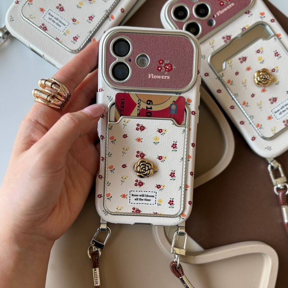 Luxury Vintage Autumn Flower iPhone Case with Strap Wrist Lanyard