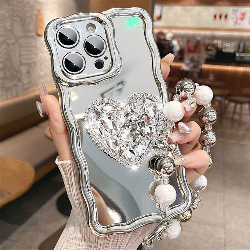 Luxury Silver Plating With Heart Diamond Holder & Pearl Bracelet iPhone Case