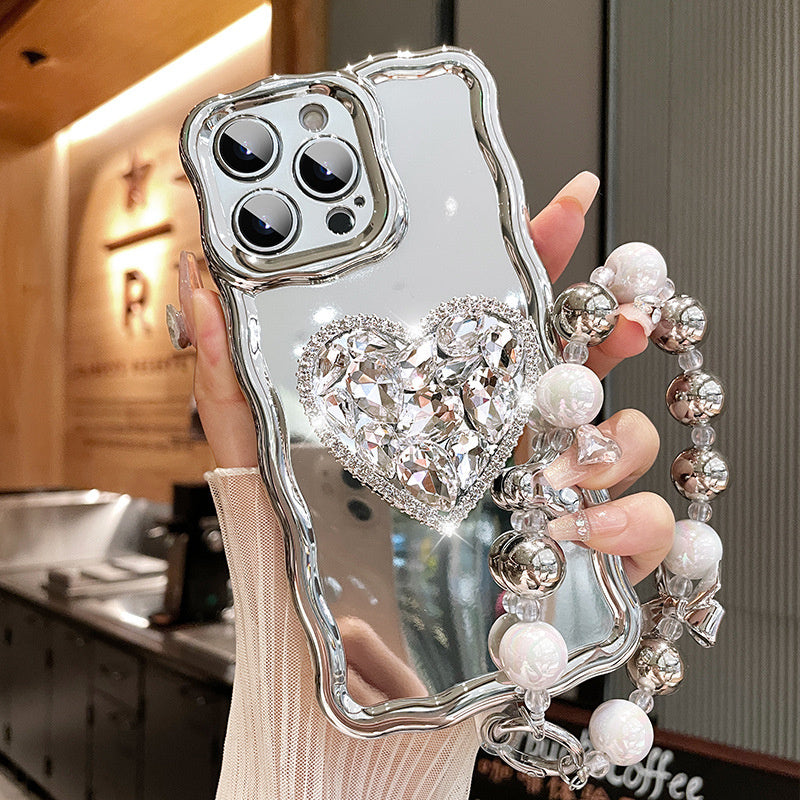 Luxury Silver Plating With Heart Diamond Holder & Pearl Bracelet iPhone Case