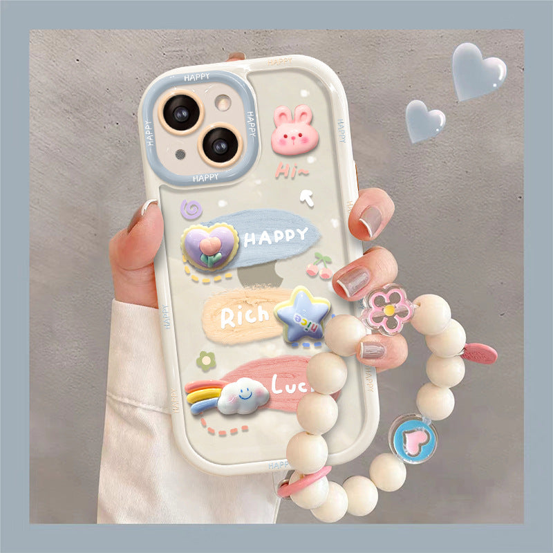 Luxury Cute Cartoon Doodle iPhone Case with Pearl Bracelet