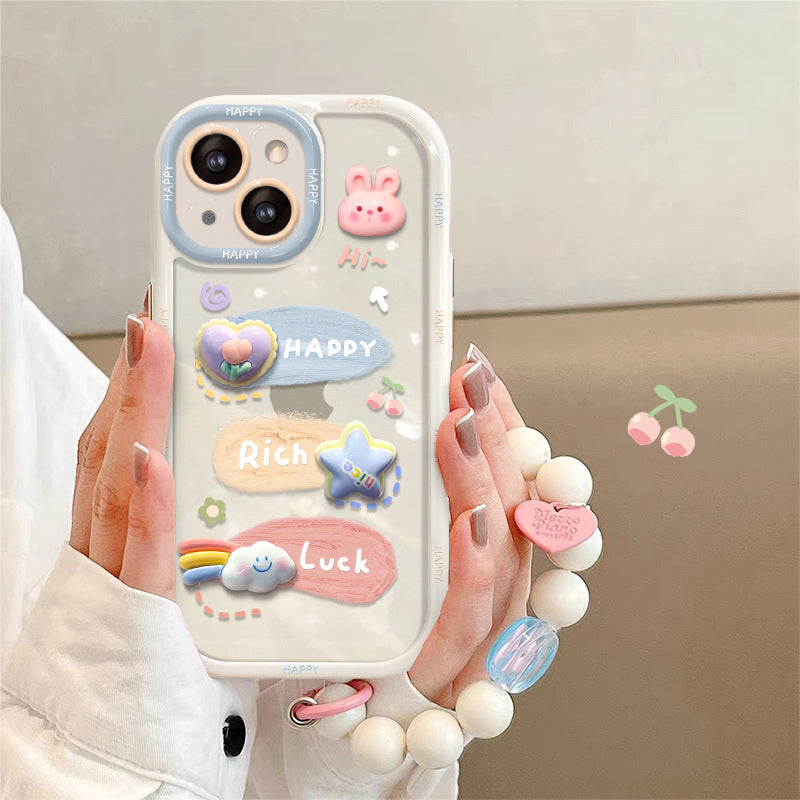 Luxury Cute Cartoon Doodle iPhone Case with Pearl Bracelet