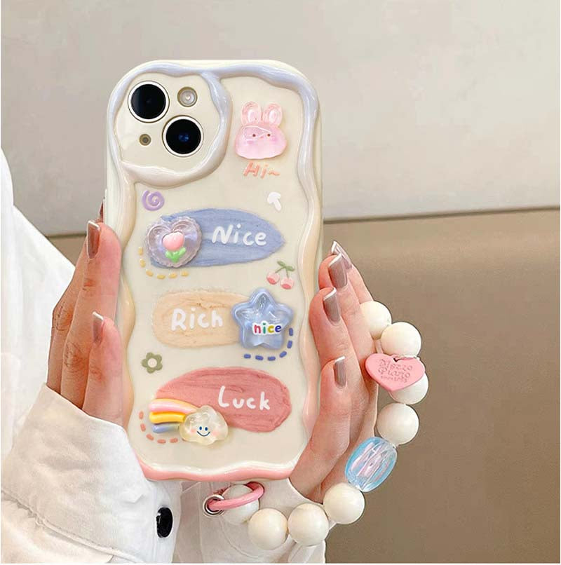 Luxury Cute Cartoon Rich iPhone Case with Pearl Bracelet
