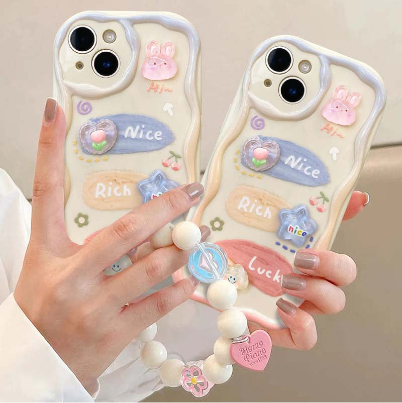 Luxury Cute Cartoon Rich iPhone Case with Pearl Bracelet