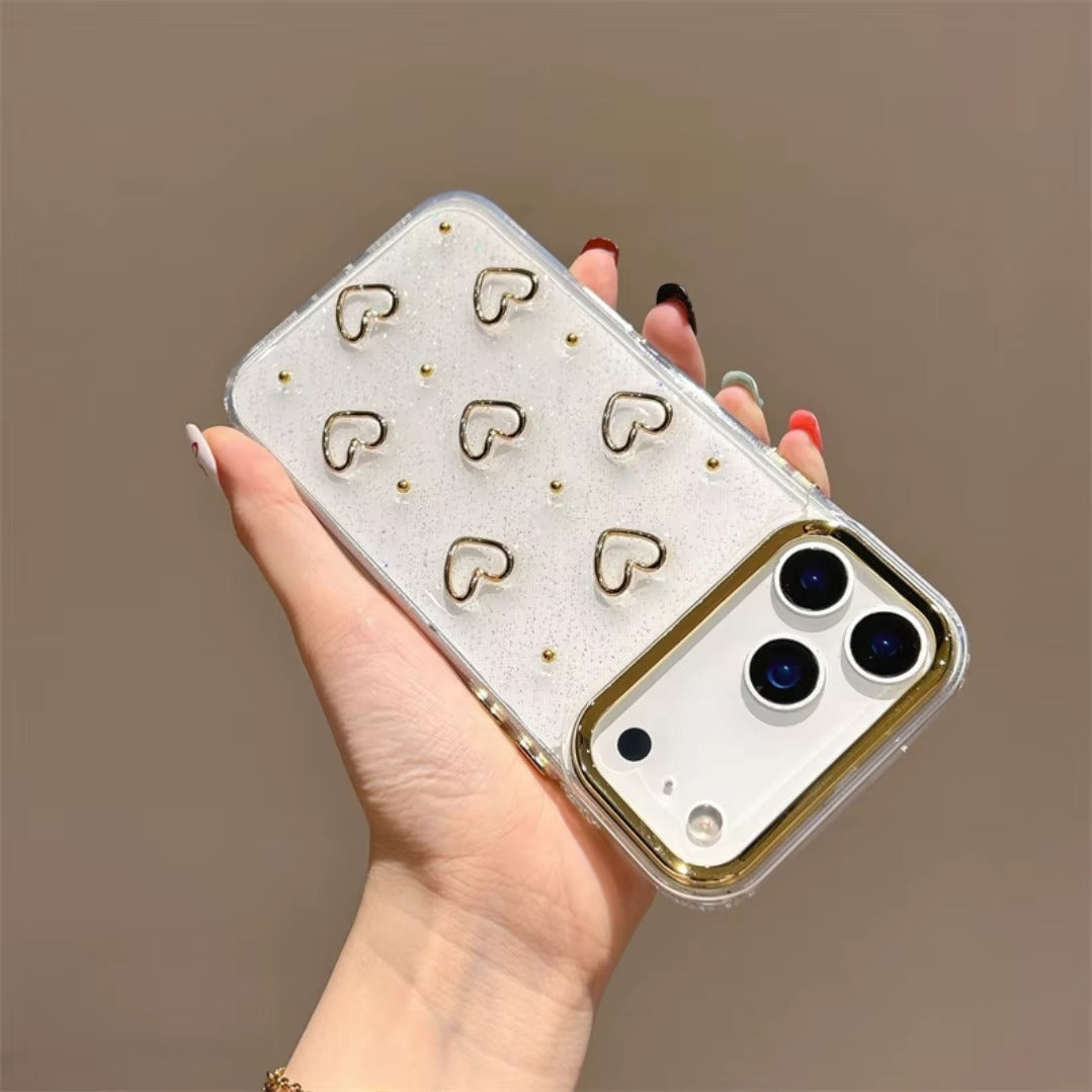 Luxury Glitter Gold 3D Love Transparent iPhone Case with Charm
