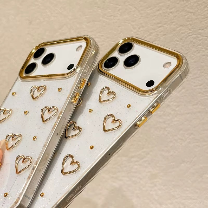 Luxury Glitter Gold 3D Love Transparent iPhone Case with Charm