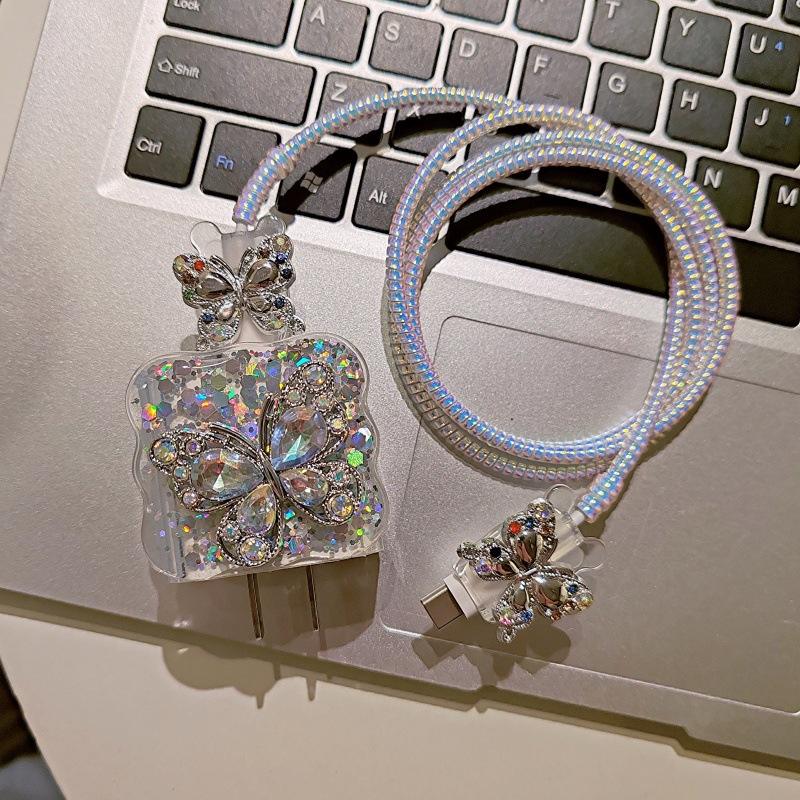 Diamond butterfly Power Adapter Cover for iPhone 20W with Data Cable Head and Protective Sleeve